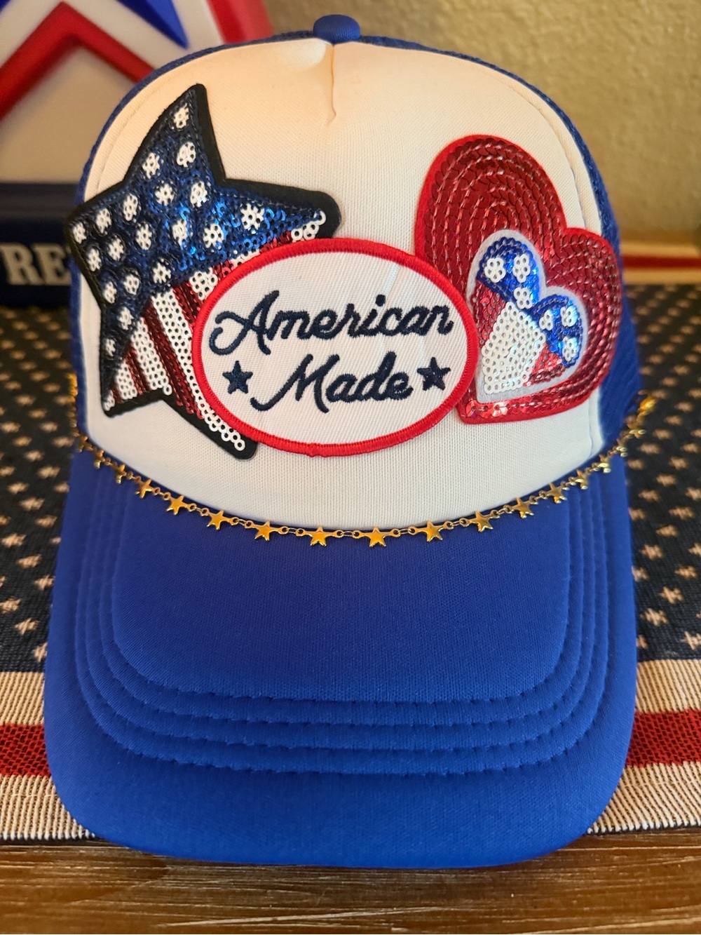 Custom American Made Sequin Patch Trucker Hat - Blue & White
